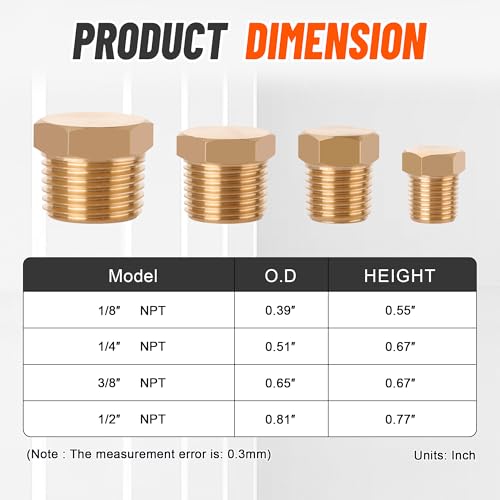 24 PCS Brass Hex Pipe Plug Fittings Kits,Brass Plugs Fitting Assortment Kit 1/8" 1/4" 3/8" 1/2" NTP Plugs Male Threaded - size: Hex Plug