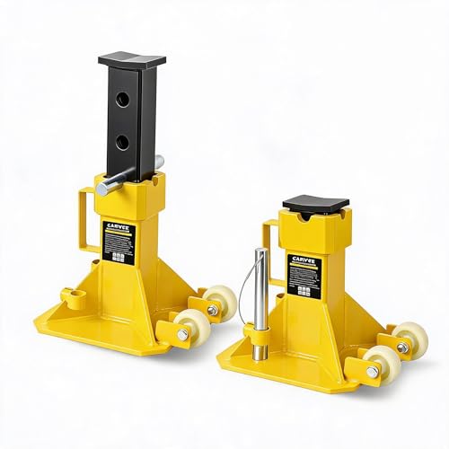 22 Ton Jack Stands, Heavy Duty Pin Type Jack Stands with Locking Pin, Wide Base and Caster Wheels, Adjustable 13.8"–19.7" for Trucks, Trailers & Equipment, Yellow - color: Yellow & 2 Wheels & First lift