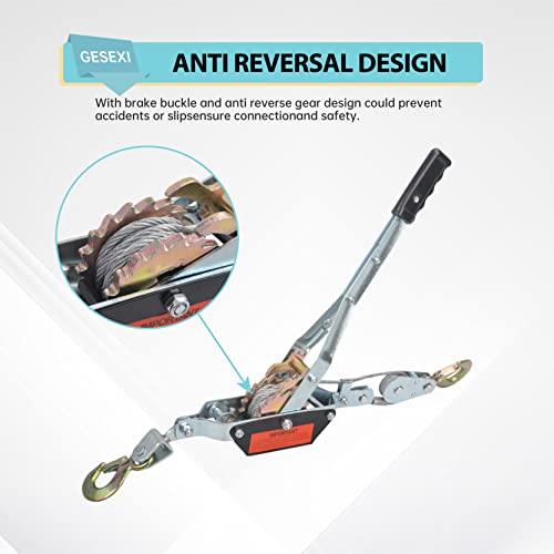 2 Ton Dual Gear Power Puller, 2 Hook Steel Cable Dual Gear Power Ratchet Come Along Puller Tool with Cable Automotive Hoist Hand Winch Cable Puller Stretcher Lift 4400 Lbs - size: 2-Ton