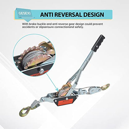 2 Ton Dual Gear Power Puller, 2 Hook Steel Cable Dual Gear Power Ratchet Come Along Puller Tool with Cable Automotive Hoist Hand Winch Cable Puller Stretcher Lift 4400 Lbs - size: 2-Ton