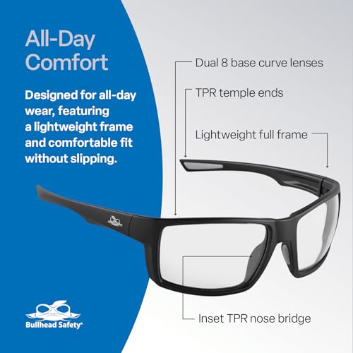 Bullhead Safety Eyewear Sawfish Glasses - Anti-Fog, Lightweight, Scratch Resistant, UV Light Blocking Protective Eyewear for Cycling, Fishing, Driving, Outdoor Work, Clear Lenses - color: Clear Lens, Matte Black Frame, style: Anti-fog