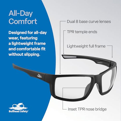 Bullhead Safety Eyewear Sawfish Glasses - Anti-Fog, Lightweight, Scratch Resistant, UV Light Blocking Protective Eyewear for Cycling, Fishing, Driving, Outdoor Work, Clear Lenses - color: Clear Lens, Matte Black Frame, style: Anti-fog