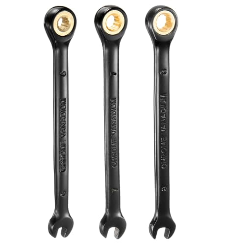 HARFINGTON 3Pcs Ratcheting Wrench Set 6-8mm Metric Open End Wrench 72-Teeth CR-V Steel 12 Point Nickel Plated Combination Ratchet Wrench for Fasteners Nut Bolt - size: 6mm/7mm/8mm