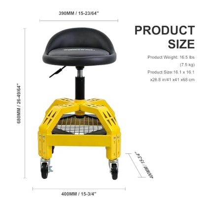 Rolling Garage Stool, 300LBS Capacity, Adjustable Height from 24 in to 28.7 in, Mechanic Seat with 360-degree Swivel Wheels and Tool Tray, for Workshop, Auto Repair Shop, Adjustable Shop Stool