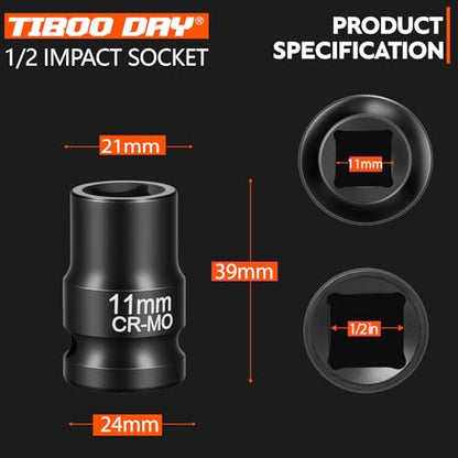 1/2" Drive 11mm Impact Socket Metric Standard Impact Socket Blackening Finish 4 Point Square Socket made with Chrome Molybdenum Alloy Steel for Auto Repair Mechanical Maintenance Removal of Axle Nut - size: 11mm - 4pt, style: 1/2" Drive Standard Socket