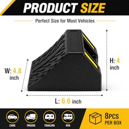 Rubber Wheel Chocks 8-Pack Heavy Duty L:6.4xW:4.8xH:4in | Durable rubber non-slip wheel chocks. For trailers, RVs, trucks, cars, campers. 8-pack, compact size, easy storage. - size: L: 6.4 x W:4.8x H:4(8pc)
