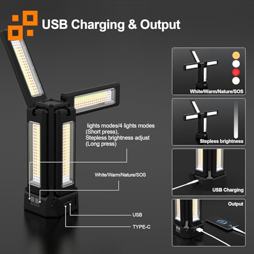 iodoo 13200mAh Rechargeable Solar Work Light with Remote and Portable Carrying Bag, 8000 Lumen Stepless Dimmable, 4 Lighting Modes, White/Warm/Nature/SOS for Outdoor Camping Car Work Emergency Light - size: Orange(Compact)