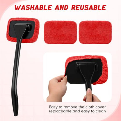 FoldTier 8 Pcs Car Windshield Cleaner Tool Kit with Removable Handle, Microfiber Towel Pads, Brush, Empty Spray Bottle for Auto Glass Wiper Suvs Rvs & Home Windows(Red) - color: Red