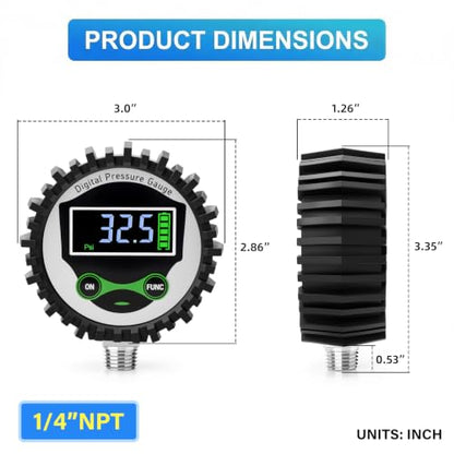 MEANLIN MEASURE Digital Pressure Gauge 0-300 PSI, 1/4" NPT Lower Mount Pressure Gauge with Rubber Protective Cover, Suitable for Pneumatic System, Tire Inflator Pump Air Pressure Measurement - size: 0-300 PSI