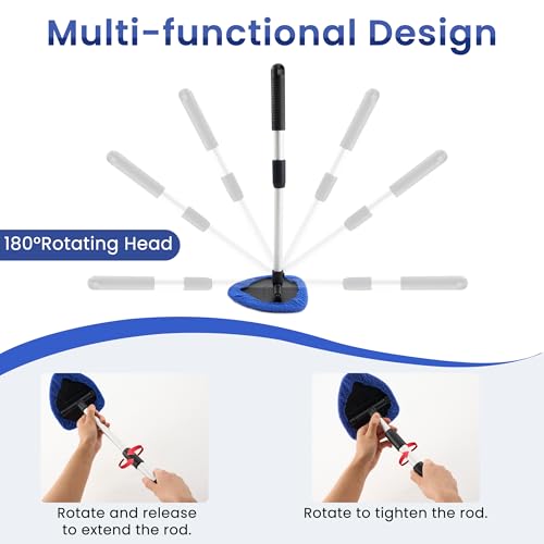 Windshield Cleaner Tool with 180° Rotating Head, Car Window Cleaner Tool with Extendable Handle and 4 Reusable Microfiber Pads, Car Windshield Cleaning Brush for Effortless and Efficient Cleaning