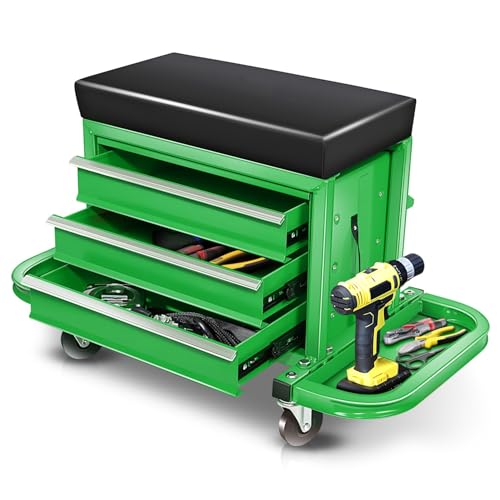 Auto Dynasty 3-Drawer Mechanic Rolling Seat, 350 LBS Capacity Roller Garage Shop Seat with Storage Tool Tray for Workshop, Repair Shop, Warehouse, Green - color: Green