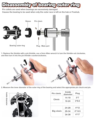 Bike Hub Bearing Removal Tool – Expanding Collet Puller with Thrust Bearing for Hub & Freehub Service, Compatible with 6–20 mm Inner and 14–39 mm Outer Bearings