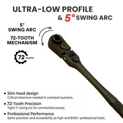 1/4" Drive Dual Flex Head Ratchet & Bit Driver – 6-inch long, 72-Tooth, 5° Swing Arc, High Torque, Chrome Vanadium Steel - size: 1/4" Drive Dual Flex Head Ratchet