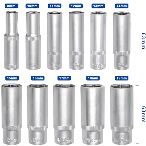 DAKCOS 11 Piece 3/8-Inch Drive Metric Deep Socket Set 8-19MM Lenth 63mm - size: 3/8"|SW 8-19 mm
