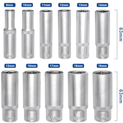 DAKCOS 11 Piece 3/8-Inch Drive Metric Deep Socket Set 8-19MM Lenth 63mm - size: 3/8"|SW 8-19 mm