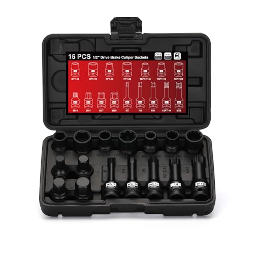 16-Piece Impact Brake Caliper Socket Set, 1/2" Square Drive Brake Caliper Tool Compatible with Audi Porsche VW BMW Ford, With Storage Case