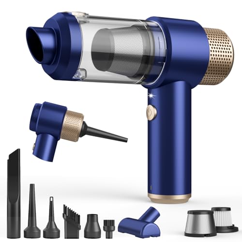 Vizeusvac Car Vacuum Cleaner, 16000PA Mini Car Vacuum Cordless Powerful, 7 in 1 Portable Handheld Vacuum Cordless with LED Light, Dual Filters, One-Touch Empty for Pet Hair, Home, Office - color: Blue 2