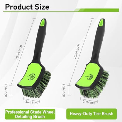 MVEQRRN 2-Pack Car Wheel & Tire Detailing Brush Set, Soft & Stiff Bristles (Green) | Rubber handle, Wheel Cleaner Brush, deep clean rims, wheel brushes for cleaning wheels, for fenders, carpets, car wash kit - color: black green