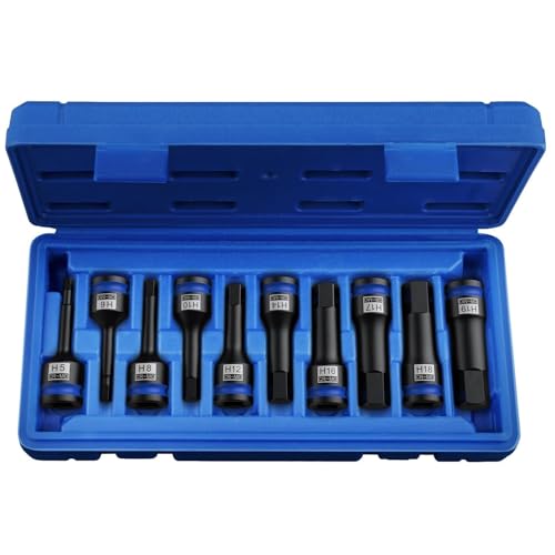 10 Pcs 1/2" Drive Metric Impact Allen Hex Bit Socket Set 42 Cr-Mo 5mm - 19mm One-piece construction with Storage case for Automotive repair - size: Hex Metric