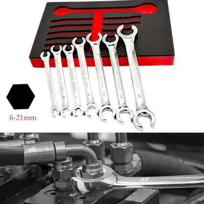 7PCS 6-21mm Double-End Metric Flare Nut Wrench Set in Chrome Vanadium Steel, for Automotive Fuel Brake Air Conditioning and Plumbing Jobs