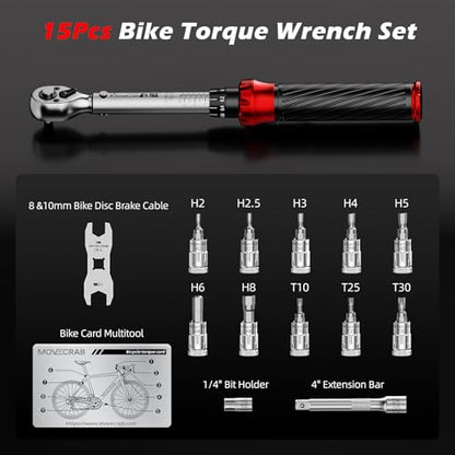 1/4" Drive Click Torque Wrench Set 3-25 N.m/2.21-18.43 Ft.lb, 15-Piece Bike Torque Wrench Kit for MTB & Cycling Maintenance with 8/10mm Brake Cable Wrench, Bits, Card - size: 15pcs Bike Torque Wrench Set
