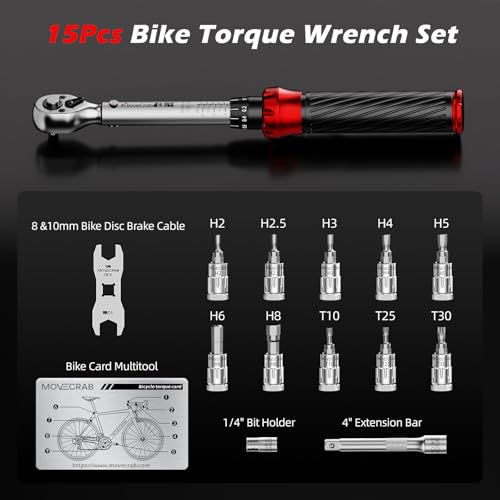 15pcs 1/4" Bike Click Torque Wrench Set, 3-25 N.m/2.21-18.43 Ft.lb | ±3% Bicycle Torque Wrench Kit with Hex & Torx Bits, 8/10 mm Brake Cable Wrench, for MTB, Road Bike & E-Bike Maintenance - size: 15pcs Bike Torque Wrench Set