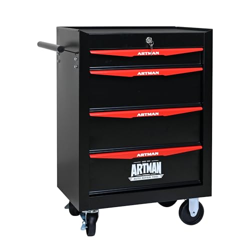 RYH 4/5/6/7 Drawers Rolling Tool Chest - Heavy Duty Mobile Tool Cart with Locking Wheels & Ball Bearing Drawers, 30.5" H x 20.9" W x13 D Garage Tool Storage Cabinet，Metal Tool Box (Black, 4 Drawers) - color: Black-red, size: 4 Drawers（30"H × 20"W × 13"D)