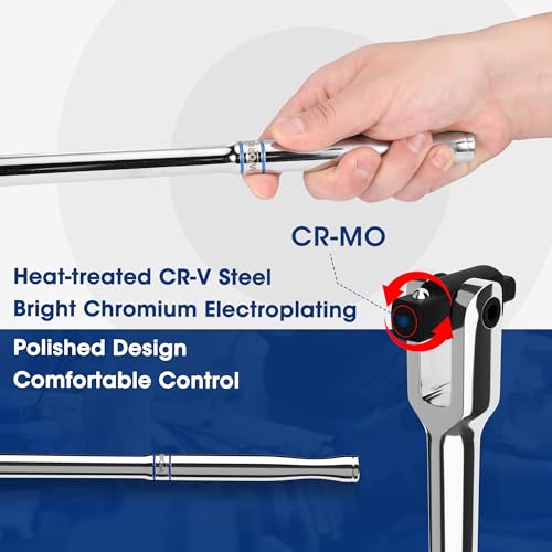 WORKPRO Dual Drive Breaker Bar, 3/8" & 1/2" Drive, Heavy Duty Breaker Bars, 16-inch Length with 360° Rotatable Head, Spring-loaded Detent Ball, Chrome Vanadium Steel Made - color: Silver, size: 16" × Dual Drive 3/8"+1/2"