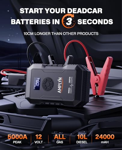 Car Jump Starter with Air Compressor,Jumper Box,12v Battery Charger | portable,160 psi pump pressure,5000A start pk,24000mAh booster pack, 60W fast charging power bank,outdoor emergency kit - color: Black