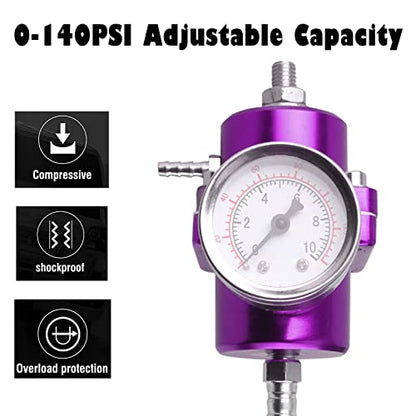 BARTOO Universal Adjustable Fuel Pressure Regulator Kit, Aluminum Fuel Regulator, Adjustable Gas Oil Injection Pressure Regulator with 0-140 PSI Gauge -Purple - color: Purple
