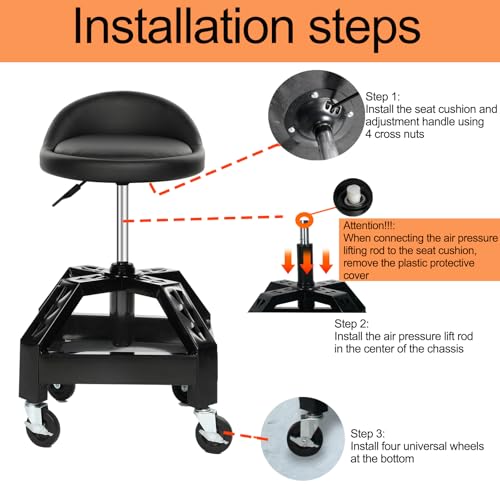 Garage Shop Rolling Seat, Heavy Duty Adjustable Rolling Mechanic Stool with Lockable 360° Wheels, 350 Lbs Capacity, Work Stool with Tool Tray for Garage & Workshop