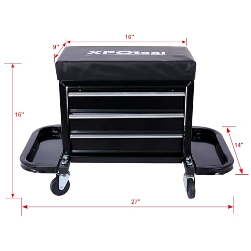 Mechanic Roller Seat with Tool Box, 3-Drawer Rolling Tool Chest Stool Mechanic Stool with Side Tool Trays