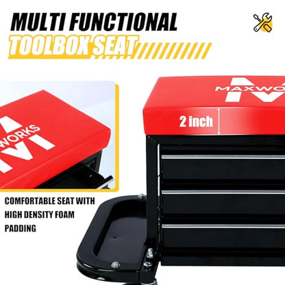 MaxWorks MW-0206 3-Drawer Rolling Tool Chest Seat – 350 lb Capacity Heavy-Duty Mechanic Stool with Magnetic Trays, Tool Rack, and Padded Cushion for Garage & Workshop
