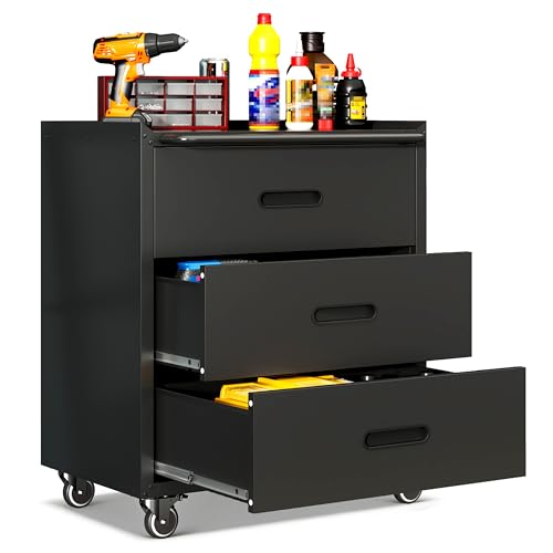Garage Cabinets,Metal Garage Storage Cabinet with Wheels,Black Lockable Rolling Tool Cabinet with Drawer and Adjustable Shelves,Heavy Duty Tool Chest for Home Office Utility Room - color: Black, size: 3 Drawers