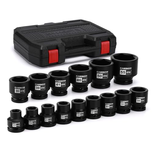 CASOMAN 15-Piece 3/4" Drive Shallow Spindle Axle Nut Impact Socket Set, 6-Point, Standard Large Socket Set, Metric (17mm -55mm), CR-MO Steel, with Storage Case
