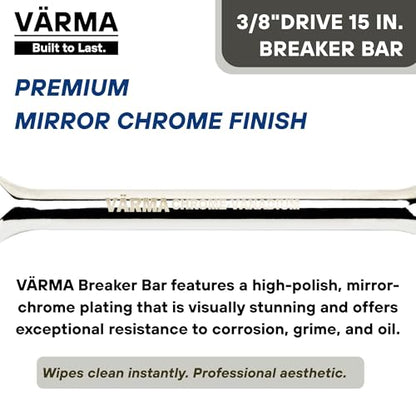 3/8-Inch Drive Breaker Bar, 15-Inch – Heavy Duty CR-MO Head & 15mm Thick Shaft – Dual-Knurled Non-Slip Grip, Constant Tension Flex Head, Premium Mirror Chrome Finish - size: 3/8" Drive x 15"