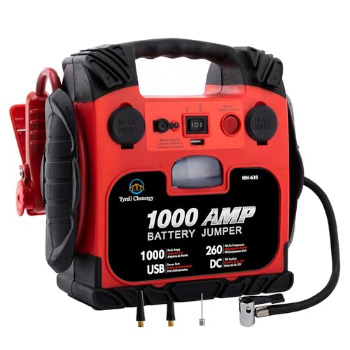 Car Battery Jump Starter with Air Compressor Portable Tire Inflator,260PSI 1000Amp Battery Booster Jumper Box(Up to 5L Gas or 5L Diesel) Power Station 12V DC Outlet USB Port,LED Light - style: HH635