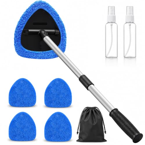 25.5" Extra-Long Reach – Super Absorbent Coral Velvet Windshield Cleaner Tool, Streak-Free Windshield Cleaning Tool Kit with 5 Pads, 2 Spray Bottles & Storage Bag for Auto Glass & Home Windows, Blue - color: Blue