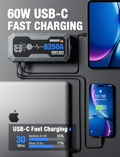 8250A Jump Starter Battery Jump Starter Battery Pack (for All Gas or 10.0+L Diesel), 12V Potable Heavy Duty Car Jump Start with 60W Power Bank 24-Months Stand-by Time - size: 8250A