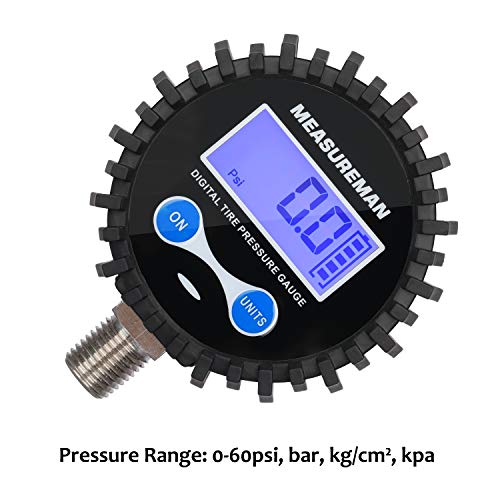 MEASUREMAN 2-1/2" Dial Size Digital Air Pressure Gauge with 1/4'' NPT Bottom Connector and Protective Boot, 0-60psi, Accuracy 1%, Battery Powered, with LED Light (Pack of 2) - size: Long thread (Pack of 2), style: 0-60psi