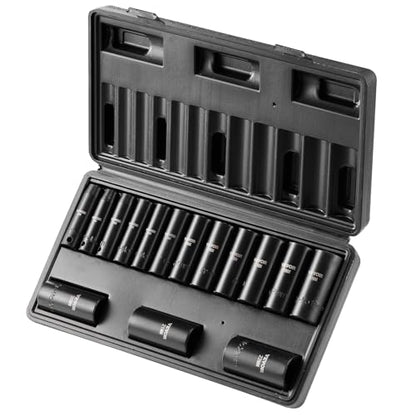 VEVOR 3/8" Drive Impact Socket Set, 15 Piece Deep Socket Set Metric 8-22mm, 6 Point Cr-Mo Alloy Steel for Auto Repair, Easy-to-Read Size Markings, Rugged Construction, Includes Storage Case - style: 3/8" 15PCS CR-MO