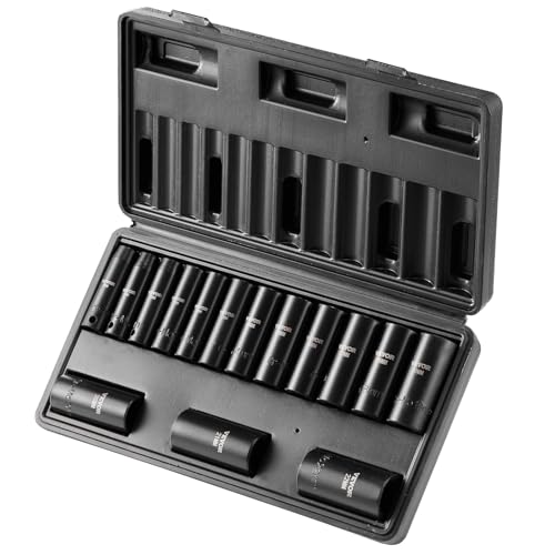 VEVOR 3/8" Drive Impact Socket Set, 15 Piece Deep Socket Set Metric 8-22mm, 6 Point Cr-Mo Alloy Steel for Auto Repair, Easy-to-Read Size Markings, Rugged Construction, Includes Storage Case - style: 3/8" 15PCS CR-MO