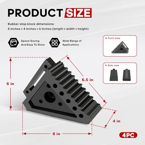 4 Pcs Black Wheel Chock Heavy Duty Solid Rubber, RV Wheel Chock Trailer Wheel Chocks, Durable Tire Chocks Premium Wheel Stopper for Car, Truck, Travel, Trailers, RV, ATV, 8" x 4" x 6"