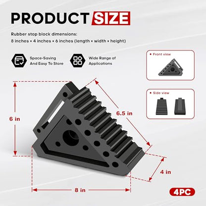 4 Pcs Black Wheel Chock Heavy Duty Solid Rubber, RV Wheel Chock Trailer Wheel Chocks, Durable Tire Chocks Premium Wheel Stopper for Car, Truck, Travel, Trailers, RV, ATV, 8" x 4" x 6"