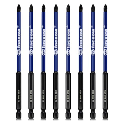 Facoow 8 Pcs Phillips Head Impact Driver Bits, #2 Phillips Head Screwdriver Bits Set, 6" S2 Alloy Steel Impact Bits, 1/4" Hex Shank Screwdriver Drill Bit, CNC Machined ph2 Impact Drill Bits - color: 6"*8pcs, size: PH2