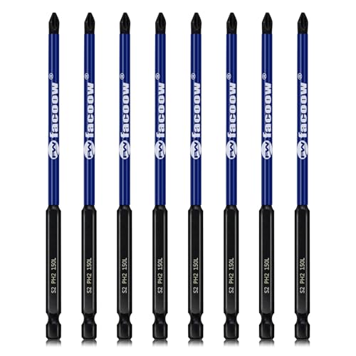 Facoow 8 Pcs Phillips Head Impact Driver Bits, #2 Phillips Head Screwdriver Bits Set, 6" S2 Alloy Steel Impact Bits, 1/4" Hex Shank Screwdriver Drill Bit, CNC Machined ph2 Impact Drill Bits - color: 6"*8pcs, size: PH2