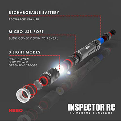 NEBO INSPECTOR RC Pen Light | 360 Lumens, 3 Light Modes, Rechargeable & AAA Battery Powered LED Flashlight, Waterproof, Compact & Durable, Pocket Clip for EDC, Includes USB Charging Cable - style: Black - 360 Lumens