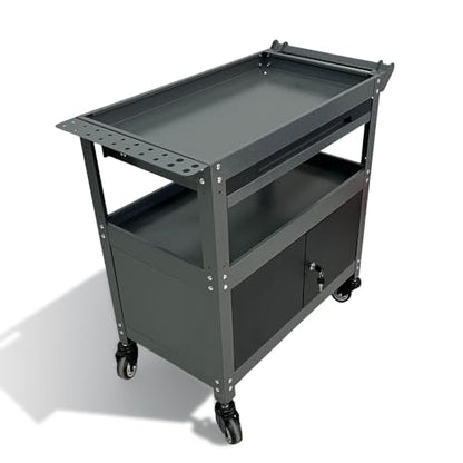 JZD Steel Rolling Tool Cart, Metal Industrial Grade Utility Cart on Wheels with One Drawer & Lockable Cabinets, for Mechanic Garage Auto Repair Shop, Black & Grey - size: 03