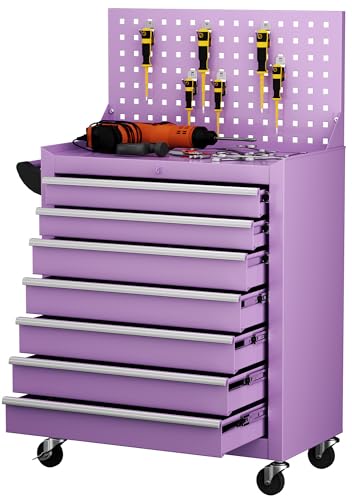 INTERGREAT 7 Drawers Rolling Tool Box with Pegboard,Portable Tool Chest with Wheels, Tool Box Organizer with Locking System for Garage(Purple) - color: Purple, size: 7 Drawers