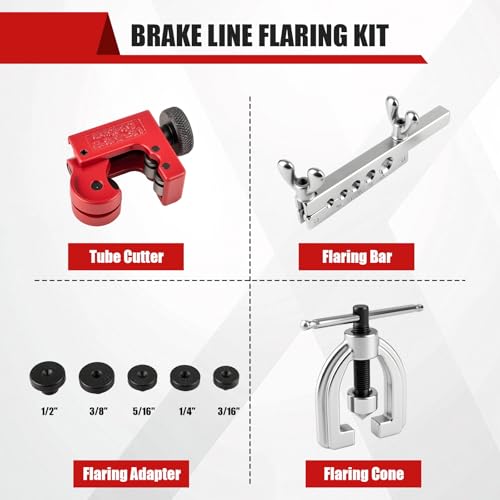 Brake Line Flaring Tool Kit with 5 Adapters, Flare Tool Kit with 45 Degrees, Double & Single Flaring Tool Kit for Brake Line, Brass Tubing, Copper and Aluminum